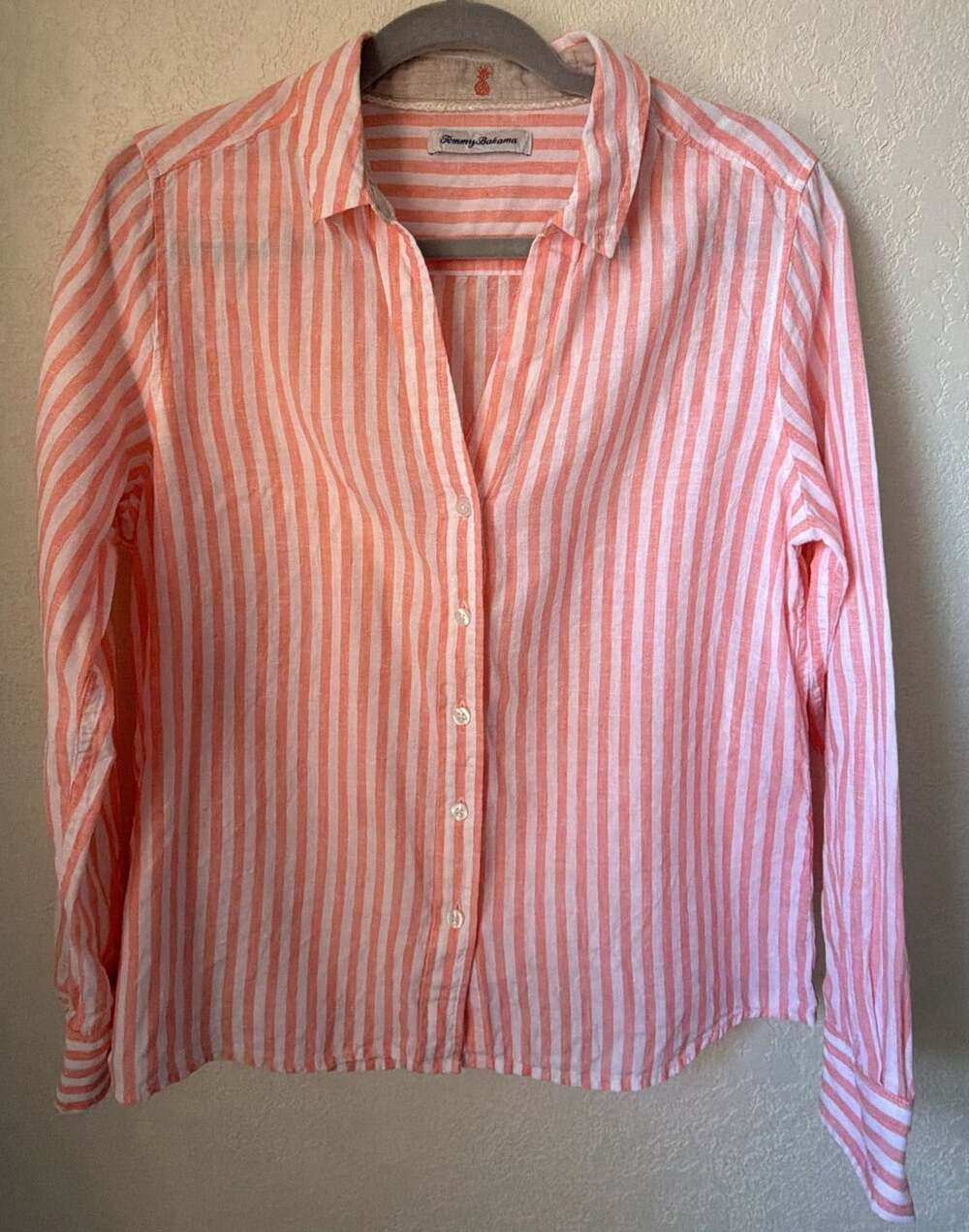 Tommy Bahama Button-Up Shirt Orange Striped 100% Linen